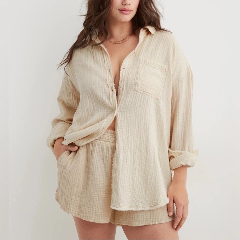Aerie gauzy cover up button front shirt in soft oat S